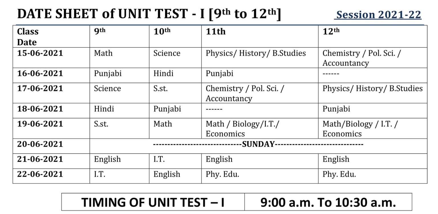 School Exam Date Sheet MLD School